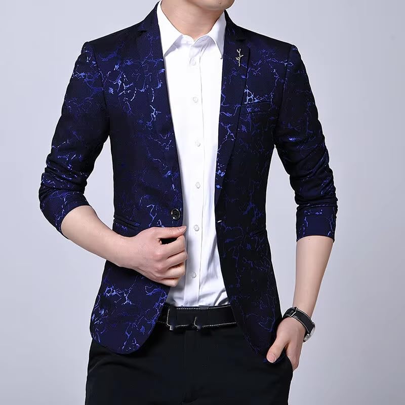 Men's Korean Style Printed Suit Jacket Loose Casual Blazer for Men-Deep Blue013