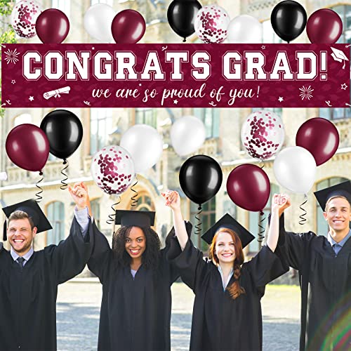Image of 37Pcs Graduation Banner Balloon Decorations Class of 2026, Congrats Grad Banner Yard Outdoor Decorations, Graduation Balloons Banners Set for High School College Grad Party Supplies, Maroon