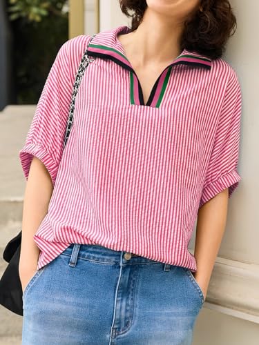 Image of Tankaneo Womens V Neck Striped Blouse Oversized Dolman Sleeve Tops Summer Casual Loose Fit Polo Shirts Red