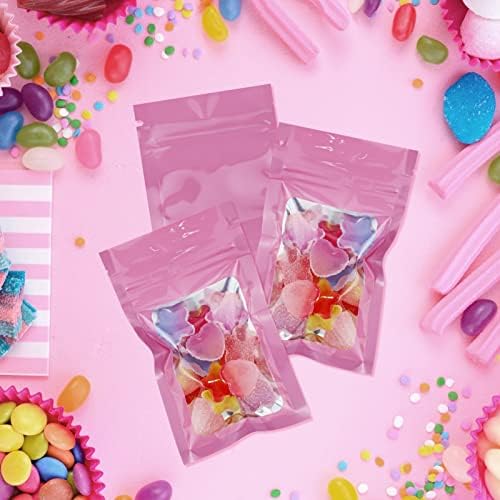 100 PCS Mylar Bags, Resealable Stand Up Pouch Foil Holographic Bags, Smell Proof Baggies Sample Bags for Spice, Food, Flour, Sweets Packaging, Heat Seal Bags (Pink, 2.4 * 3.9inch)