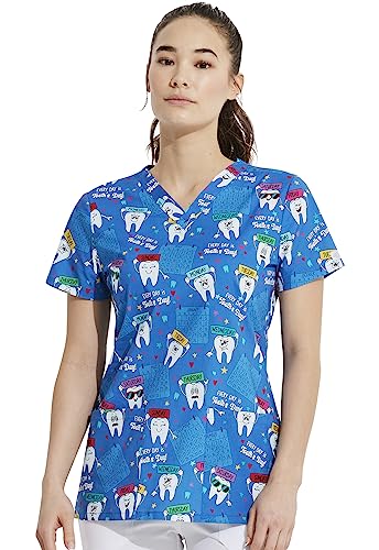 Dickies EDS Women Scrubs Top V-Neck DK704, L, Tooth's Day Everyday