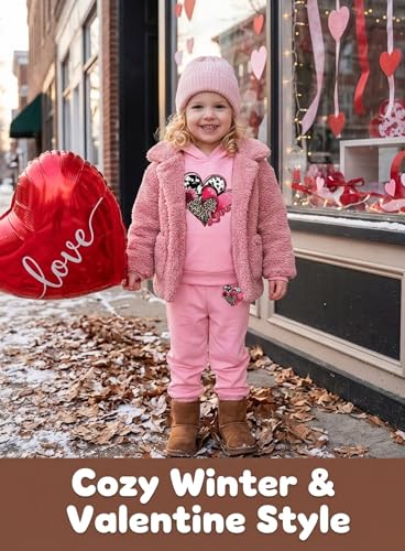 Image of Toddler Girls Heart Print Hoodie Set - Kids Cute Sweatsuit Fall Winter Sweatshirt Sweat Pants 2Pcs Outfit