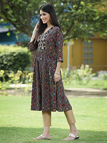Image of Juniper Women's Rayon Festive Printed Flared Kurta for Women