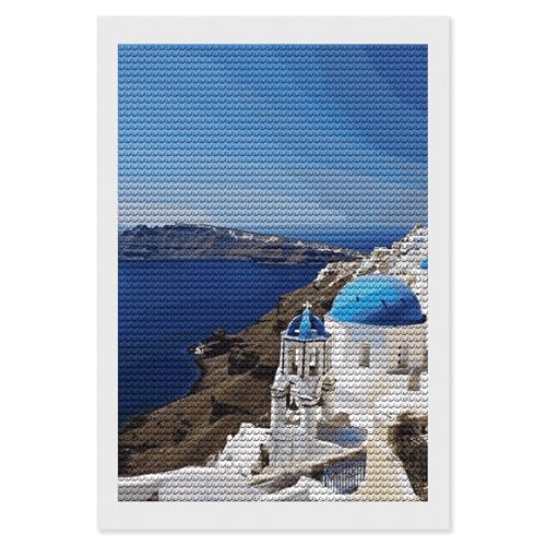 Kit broderie diamant 5D paysage Santorin - Canevas strass rond bricolage adulte débutant