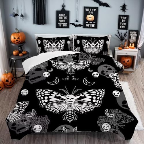 NMPICO Black and White Gothic Moth Comforter Set King Size for Girls Boys Kids Women Boho Skull Moth Bedding Bohemian Moon Quilt 1 Comforter + 1 Pillow Case