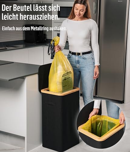 Deco haus® Gelber Sack Ständer 90L [Extra Tragetasche] - Gelber Sack Mülleimer - Stabiler Müllsackständer Extra für gelbe Säcke - Mülleimer mit Deckel - Müllsystem für Küche & Haushalt - Schwarz