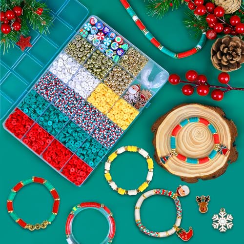Image of Redtwo Christmas Beads for Bracelets, 3000 Pcs Clay Beads Bracelat Making kit Golden Beads Christmas Crafts Decorations Charms for Jewelry Making, Gifts for Teen Girls Age 6-12