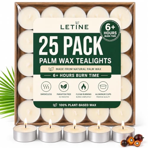 LETINE Tealight Candles | 25 Pack - 6 Hour Long Burning Natural Vegan Tea Lights Paraffin-Free Unscented Tealights for Christmas Party Home Wedding Emergency