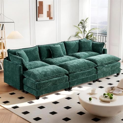 SoarFlash Modernes Dreisitz-Sofa mit 3 Ottoman – Weicher Chenillestoff, doppelgefüllte Kissen, ideal für Wohnzimmer, Schlafzimmer und Wohnung, Dunkelgrün