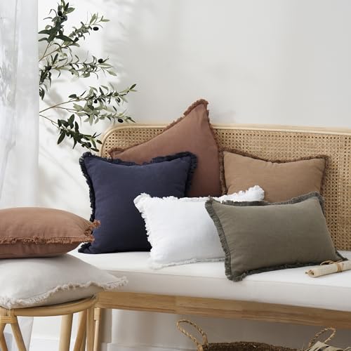 Image of Foindtower Decorative Linen Fringe Lumbar Throw Pillow Covers Cozy Boho Farmhouse Cushion Cover with Tassel Soft Accent Pillowcase for Sofa Bed Living Room Home Decor, 12x20 Inch, 1PC, Cream White