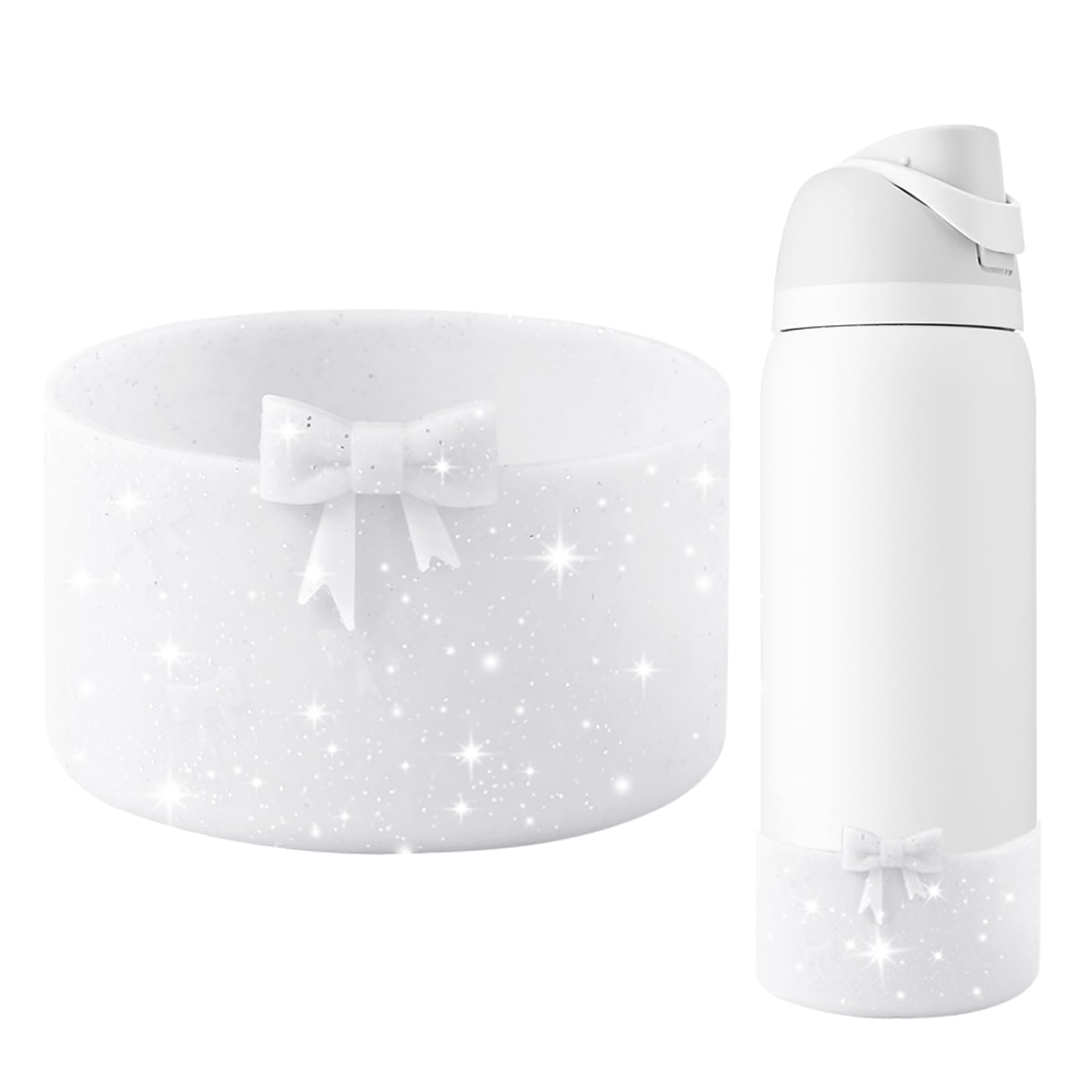 GAISHION Glitter Silicone Bow Boot Compatible with Owala 32 oz Water Bottles,Protective Sleeve Anti-Slip Bottom Bumper for FreeSip, Twist, and Flip Stainless Steel Water Bottles Accessories-White