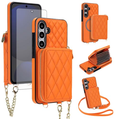 Asuwish Detachable Magnetic Wireless Charging Wallet Phone Case for Samsung Galaxy S24 FE 5G with Screen Protector Crossbody Strap RFID Blocking Card Holder Slot S 24 EF AI S24FE 24S 24FE Women Orange