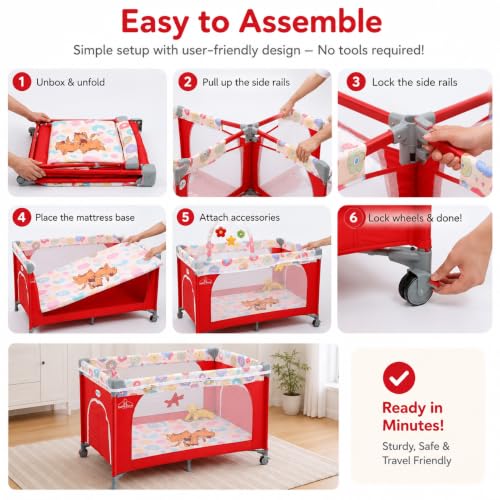 Image of Safe-O-Kid Baby Cot Foldable with Travel Bag | 2-in-1 Baby Playpen & Cot | 1 Year Warranty | Portable Baby Crib with Diaper Changing Station, Music, Toys, Organizer, Breathable Mesh for 0-3 Years - Red