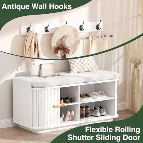 AIUUCS Hall Tree with Bench and Shoe Storage, Entryway Bench with Sliding Door Cabinet, Removable Padded, Metal Wall Hooks and Adjustable Storage Compartments, for Entry, Hallway, Living Room, White - Thumbnail 4