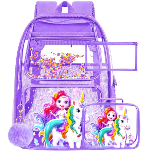 ZLYERT 3Pcs Clear Backpack for girls, 16" Mermaid Unicorn Transparent Bookbag, Large See Through PVC School Backpacks with Lunch Box(Purple)