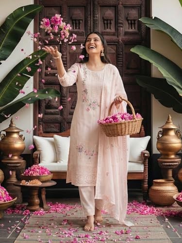 Image of INDO ERA Women's Floral Embroidered Straight Pure Cotton Kurta Pant with Dupatta Set