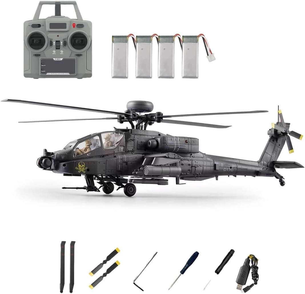 C170 AH-64D Brushless RC Helicopter, 1/48 Scale 6CH Flybarless 3D Flip RC Helicopter with One-Key Inverted Flight, TOF Altitude Hold & Optical Flow Positioning for Hobbyists - Dark Grey/4 Battery