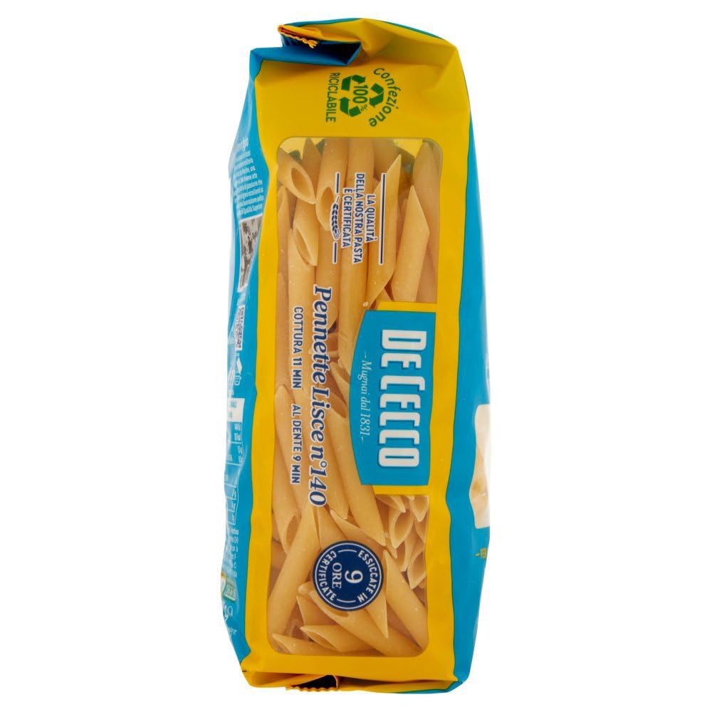 De Cecco Pennette Lisce n°140 - Pasta 24 x 500 g | Secado lento | Sémola de trigo duro de alta calidad | Horneado 11 min (al diente 9) | Ideal salsas de tomate & pesto + Italian Gourmet polpa 400 g