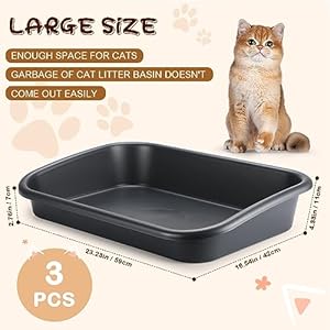 Uiifan 3 Pcs Low Entry Senior Cat Litter Box Large Size Pet Litter Box Low Entry Open Top Cat Litter Box for Senior Kitten Frail Handicap Disabled Older Elderly Cats, Easy to Clean (Dark Gray)