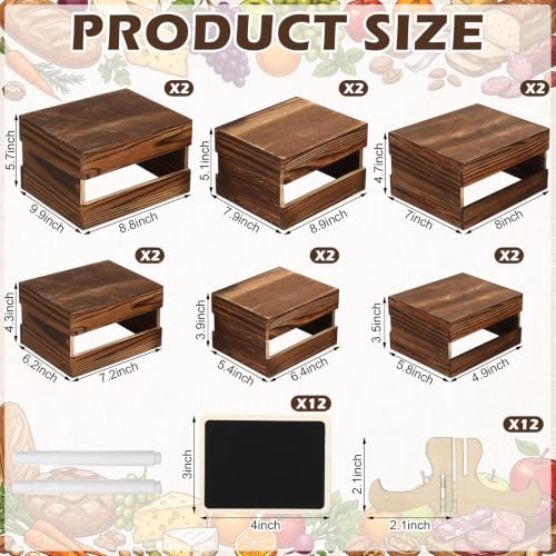 Image of Sintuff 12 Pcs Wood Buffet Riser with Mini Signs and Marker, 6 Size Rustic Wooden Cake Stands Buffet Table Food Riser Dessert Display Stand for Party Wedding Birthday Home Decor