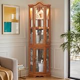 CKEASEAN Corner Curio Cabinet, 70.5' H Wooden China Cabinet with Adjustable Glass Shelves, Lighted Glass Display Cabinet Include Light Bulb, Rack for Living Room (Oak)