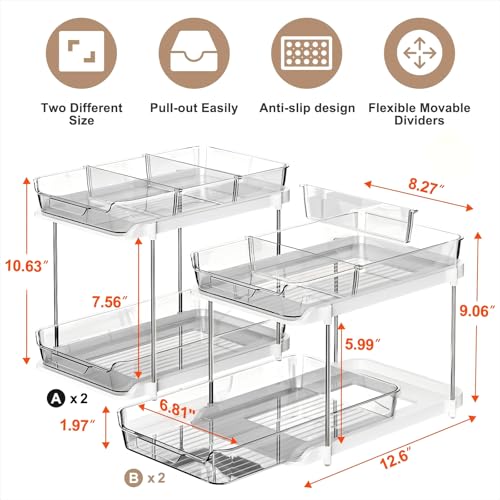 Image of Delamu 2-Tier Multi-Purpose Bathroom Under Sink Organizers and Storage, Stackable Kitchen Pantry Organization, Pull Out Medicine Cabinet Organizer with Movable Dividers, Grey, 4 Pack