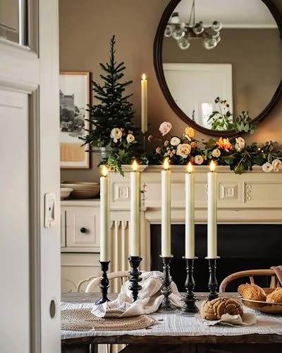 Image of Homemory 12 Pcs Plastic Flameless Taper Candles with Remote Timer Dimmer, Ivory Led Candlesticks with Flickering Flame Light, Lifelike Taper Candles Battery Operated for Indoor Decoration 9.6 Inches