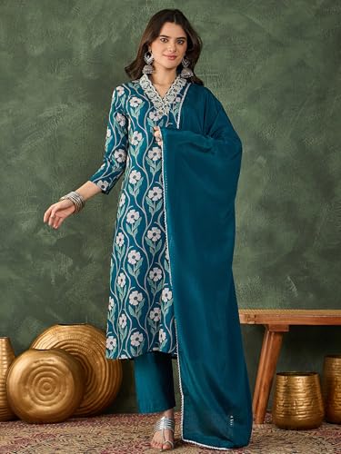 Image of Naixa Women's Rayon Printed Straight Kurta with Rayon Pant and Chinon Laced Dupatta Sets (NX3-727)