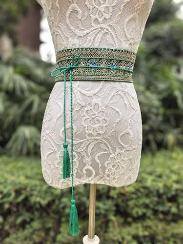 FANFAN Green Embroidered Belt Mexican Embroidered Belt for Women Vitage Floral Belt Boho Tassel belt Ethnic Waist Belt E64
