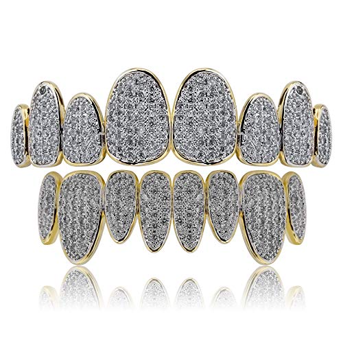 TOPGRILLZ 18K Gold Plated Iced Out Simulated Diamond Grillz Top and Bottom Grills for Your Teeth with Extra Molding Bars Hip Hop (Gold Set)
