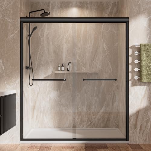 Shower Door Semi-Frameless & Double Sliding Various Size & Color Optional 1/4 inch (6mm) Thickness Clear Tempered Glass for Walk-in Shower 56-60 W x 72 H