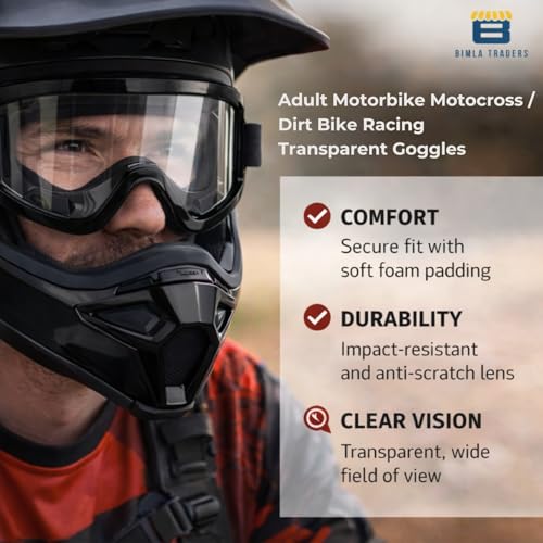 Image of Premium Adult Motocross Dirt Bike Racing, Cycling Goggles - Transparent Lens, Adjustable Strap with Extra Back Padding for Comfort