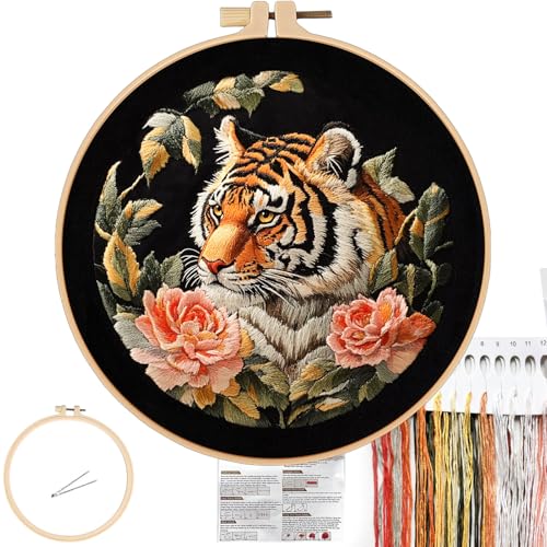 Image of FONNUY Tiger Floral Embroidery Kit, Cross Stitch Kits for Beginners, Handmade Crafts with Printed Patterns for Beginner Adults, Easy to Follow Color Thread Needlework, 8'' Hoop