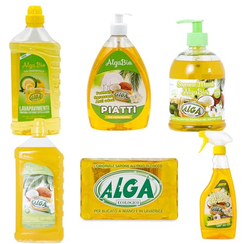 Alga Sapone Ecologico Box 6 pezzi - SAPONE GEL, SGRASSATORE UNIVERSALE, SAPONE MANI, SAPONE SOLIDO, SAPONE PIATTI, LAVAPAVIMENTI - Kit Completo Pulizia Casa - Ecologico Biodegradabile Ipoallergenico Alga Sapone Ecologico Box 6 pezzi - SAPONE GEL, SGRASSATORE UNIVERSALE, SAPONE MANI, SAPONE SOLIDO, SAPONE PIATTI, LAVAPAVIMENTI - Kit Completo Pulizia Casa - Ecologico Biodegradabile Ipoallergenico