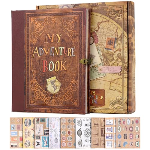My Adventure Book 124 Pages 9.4 * 8.3 Inch Scrapbook Photo Album Retro Style Embossed Letter Cover Travel Diary Journal Scrap Book For Couples Memory Book For Anniversary Wedding