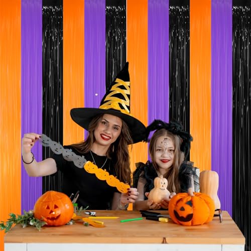 Image of GOER 3.2 ft x 8.2 ft Metallic Tinsel Foil Fringe Curtains for Halloween Birthday Graduation New Year's Party Decorations(1 Pack,Black&Orange&Purple)