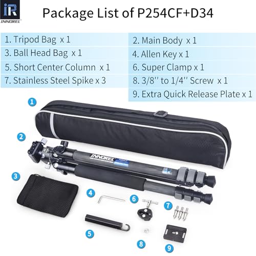 Image of INNOREL P254CF 63 inch Carbon Fiber Travel Tripod,Professional Compact Camera Tripod Stand for Digital DSLR Travel with Low Gravity Center Ball Head Special-Shaped Center Column Max Load 26.5 lbs /12 kg