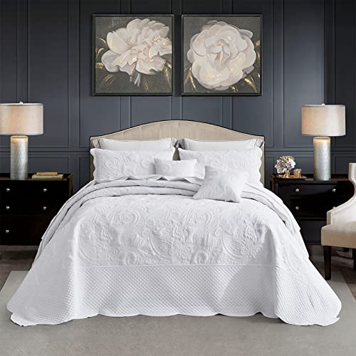 Image of Oversized King Bedspread, Stitched Paisley Quilt Set King /Cal King, Lightweight Reversible Coverlet, Scalloped Edge - Clean Classic Look, 5 Piece, Pure White