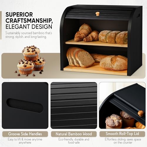 SG Traders Double Decker Bamboo Bread Bin 2-Layer Bread Box Eco-friendly Kitchen Storage Box with Lid for Freshness Natural, Organic, and Sustainable Food Storage Solution (Classic - Black) - Cosy Home Interiors SG Traders Double Decker Bamboo Bread Bin 2-Layer Bread Box Eco-friendly Kitchen Storage Box with Lid for Freshness Natural, Organic, and Sustainable Food Storage Solution (Classic - Black) - Image 2