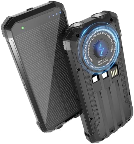 Solar Power Bank 20000mAh, Wireless Charger with 15W Fast Charging, 3 Data Cables, USB-C Output, Dual Flashlights, Portable Outdoor Battery Pack for iPhone, Samsung, and More, for Camping, Emergency