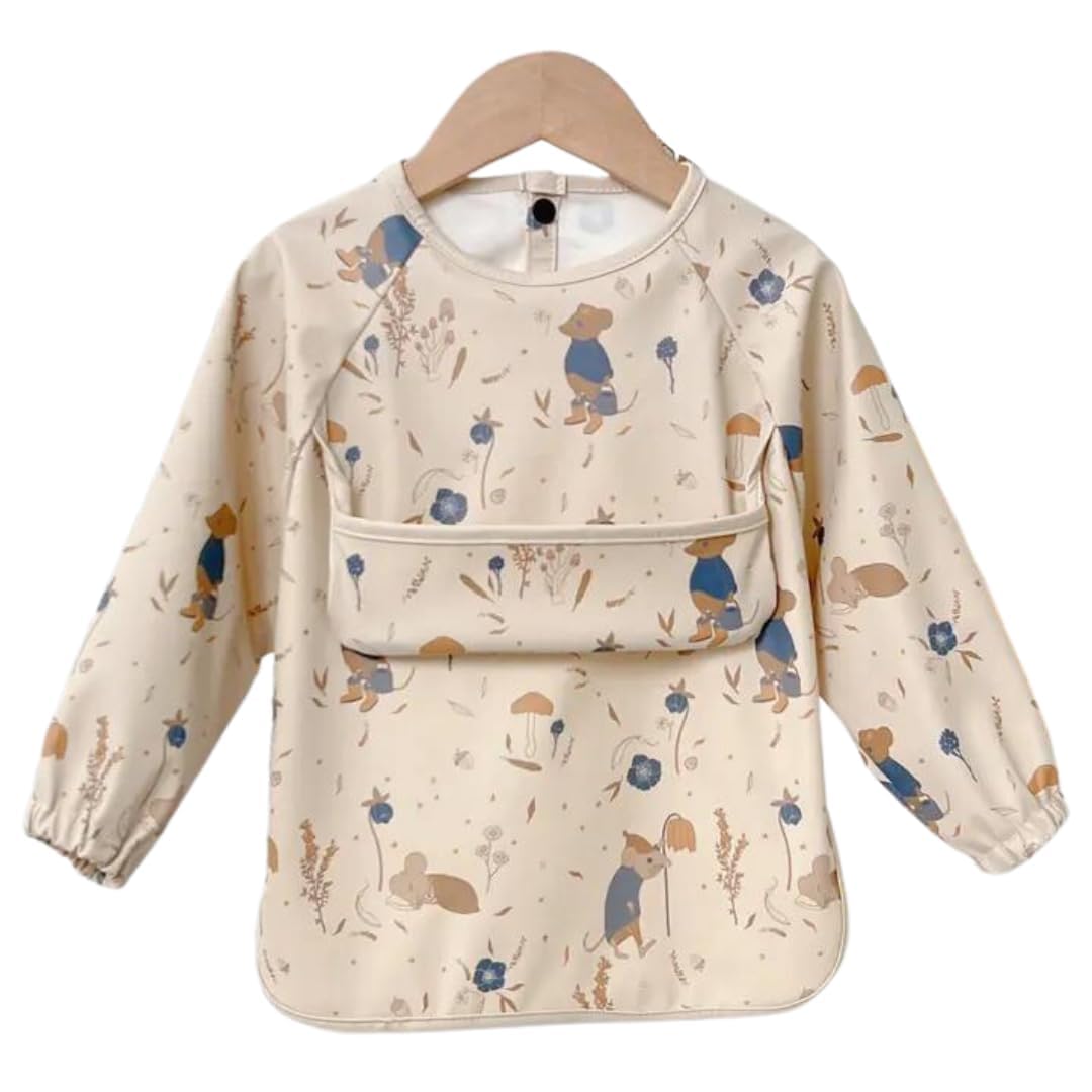 Alimos Mouse. Long Sleeved Baby Bib 12-36 Months - Reversible Front Pocket For Baby Led Weaning - Waterproof & Easy To Clean - Ideal For Messy Mealtime - Cute & Practical Baby Feeding Bib (Mouse.)