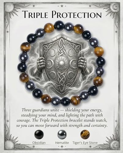 Bivei Triple Protection Bracelet Strength Crystal Healing Bracelet 8MM with Obsidian & Hematite & Tiger Eye - Spiritual Stretch Beaded Jewelry for Women Men Gift