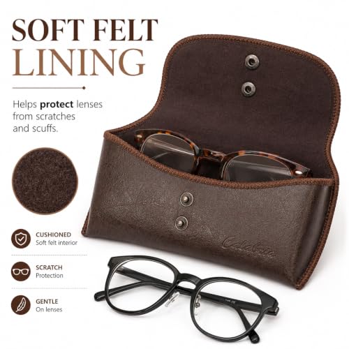 Image of Calabria Double Snap Belt Loop Eyeglass Case PU Leather Brown Old School Vintage Eye Glasses Pouch Semi-Hard Sunglass Holder - 50PACK