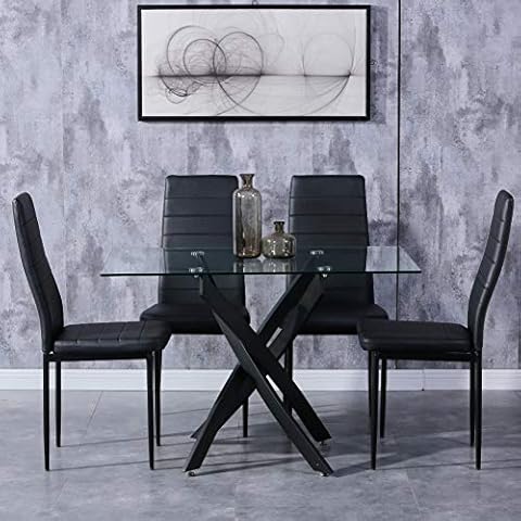 GOLDFAN Glas Esstisch Set 4 Stühle Rechteckiger Esstisch und Leder Rückenlehne Esszimmerstuhl für Küche Wohnzimmer Büro Cover