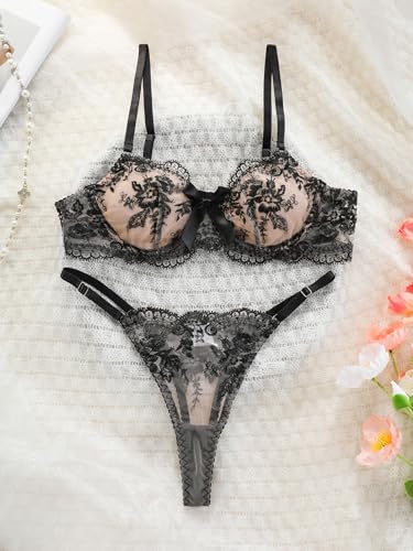 Image of Sexy Floral Embroidered Flower Mesh Underwire Push Up Lingerie Set