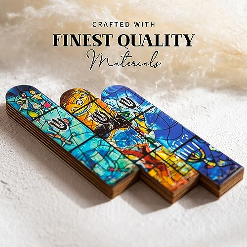 Image of SURI Wooden Mezuzah for Door - 5 Inch Contemporary Turquoise Chagall-Inspired Mezuzzah Case with Printed Scroll, Self-Stick Adhesive, Fits a 4 Inch Scroll, Gift Box Include