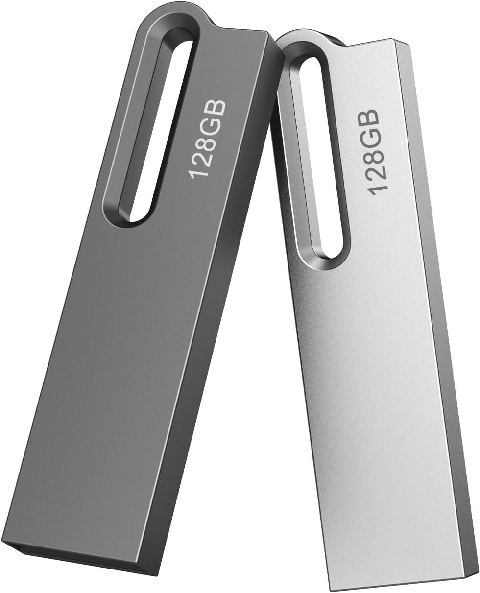 JOIOT 128Go Clé USB 3.0 Lot de 2 Clef USB Métal Imperméable Flash Drive Clés USB 128 Go pour PC, Ordinateur Portable, Stockage de Données,(2X128Go Argenté Noir)
