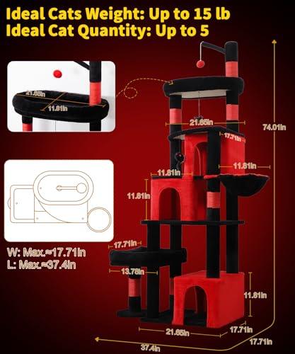 Image of 74 Inch Heavy Duty Gothic Cat Tree for Large Cats, Multi-Cat Tower with 3 Condos, Tall Cat Condo with XL Platform, Hanging Basket & Sisal Scratching Posts, PMT04RD, Black Red