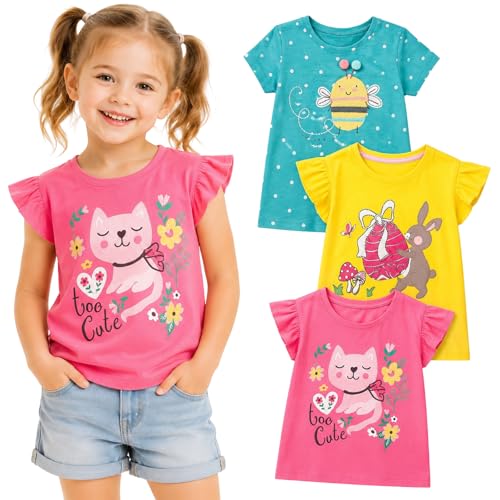Image of Girls Graphic T Shirts 3 Pack 100% Cotton Short Sleeve Tees for Toddler Little Big Girls Cute Printed Casual Summer Tops
