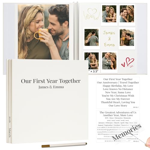 Vienrose 40 Pages Self Adhesive Photo Album with Fabric Cover and Couples Text Crystal Stickers Acid-Free Pages 11x10.7 Scrapbook Album for 4x6 Photos Beige